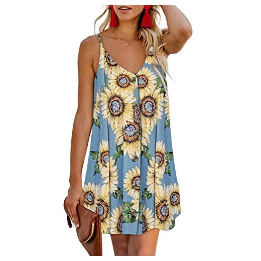AlvaQ Women Summer Sexy V Neck Botton Down Sunflower Sleeveless Mini Dress Floral Print Spaghetti Strap A Line Swing Skater Sundress Blue Small