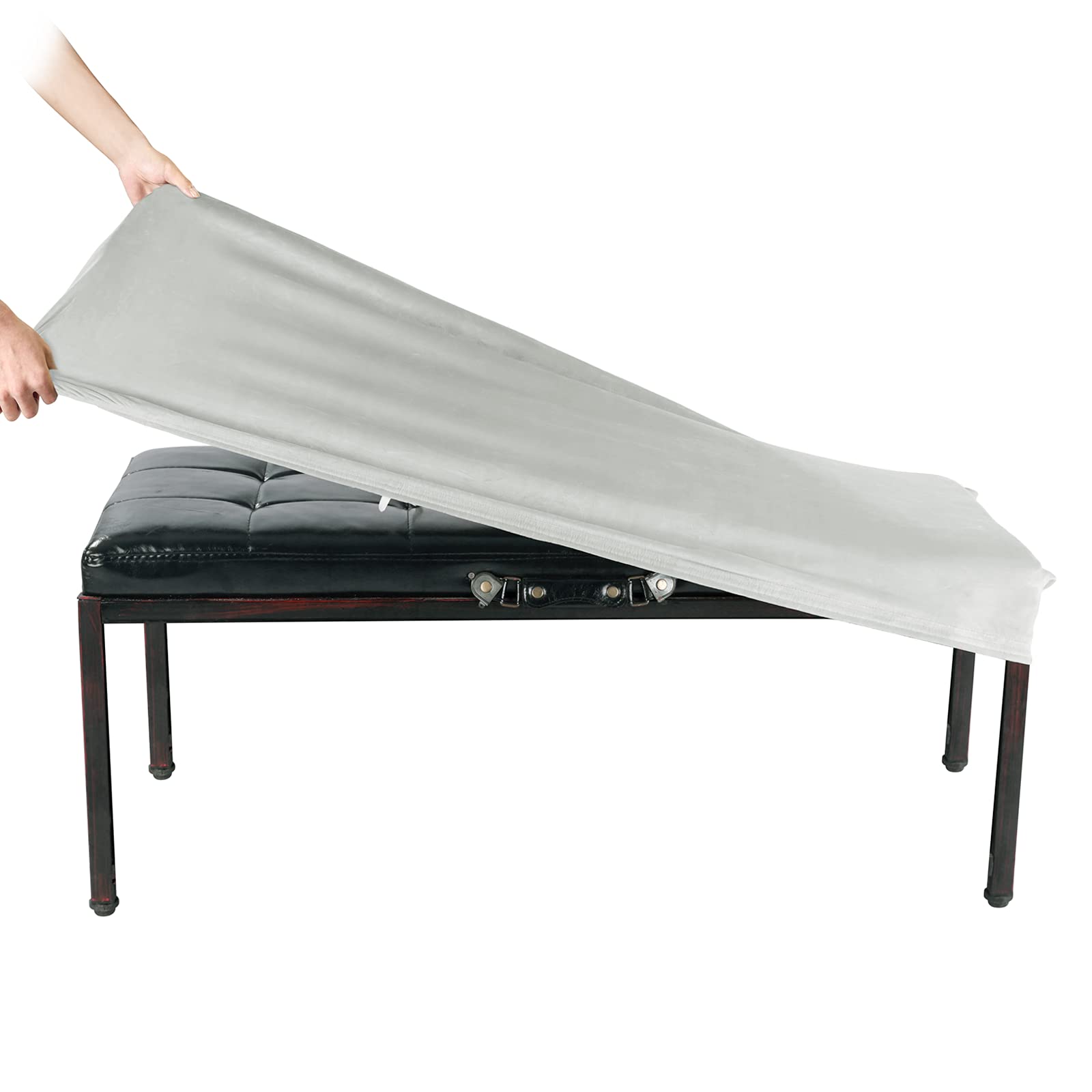 SINOSSO Soft Velvet Bedroom Bench Cover, (48"- 62") L x (15"- 20") W Stretch Washable Upholstered Protector Rectangle Long Chair Slipcover, (XL, Light Grey)