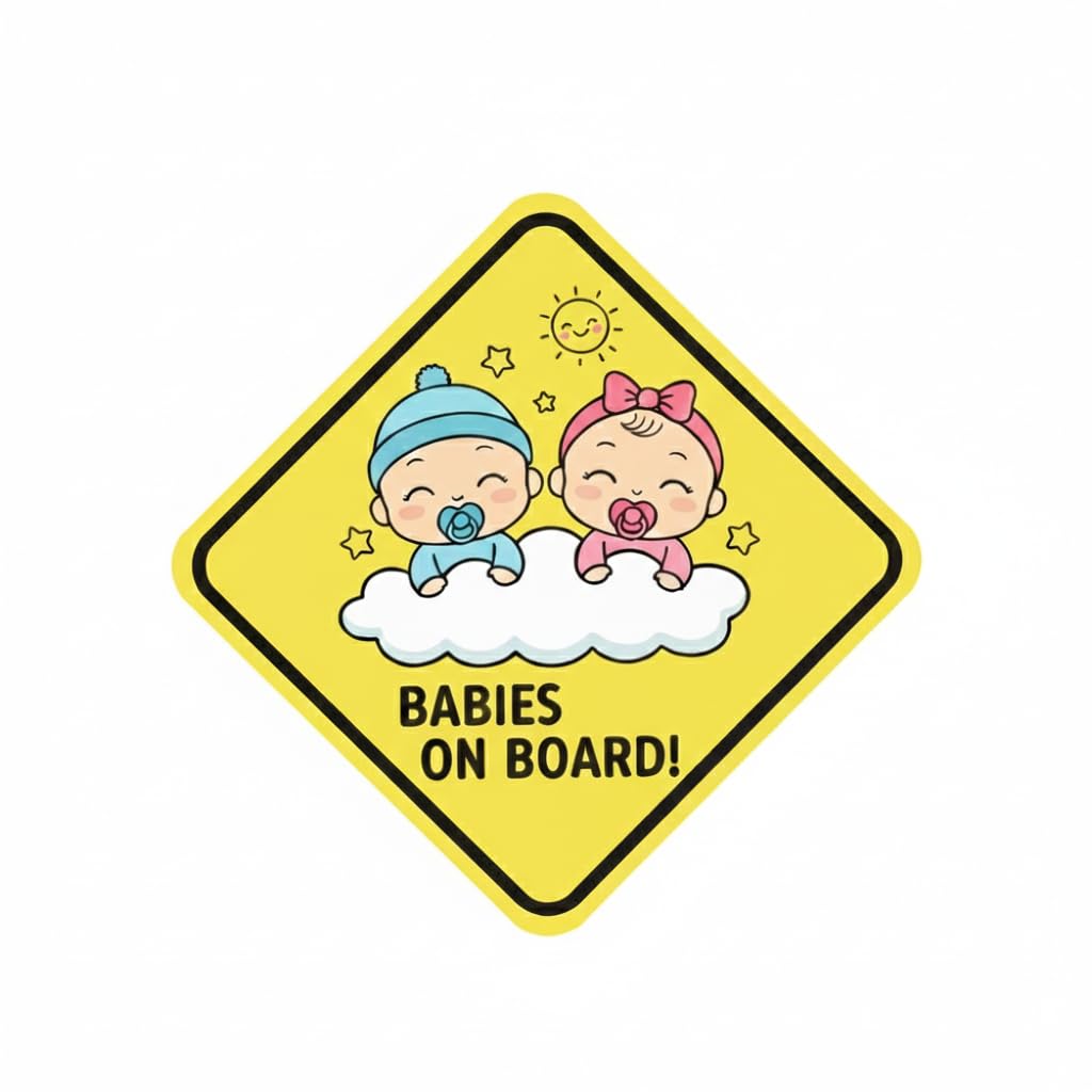 Babies on Board Car Sign, DIY, Self Adhesive, Vinyl Sticker, Waterproof, Yellow Diamond Shape, Cute Twin Baby Design with Sun and Stars,-image-31