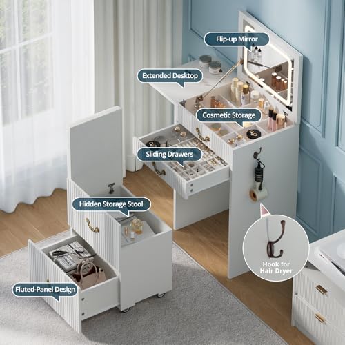 Image of FURSUN 3-in-1 Vanity with Flip Mirror & Lights, Fluted Compact Vanity Table with 3 Drawers, Storage Compartment and Rolling Stool, Modern Small Makeup Vanity for Bedroom, Powder Room, Solid White