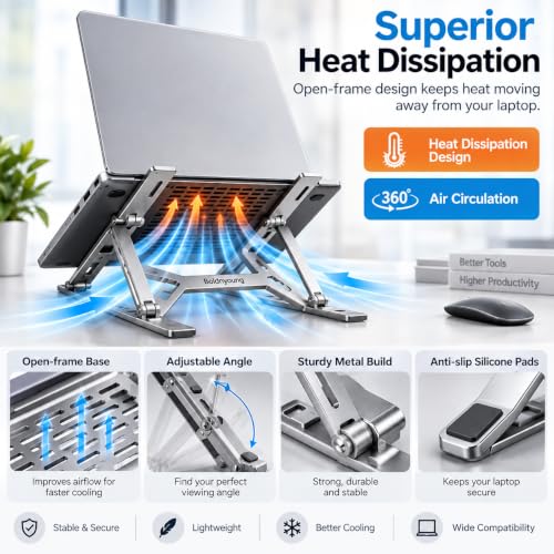 Image of Adjustable Metal Laptop Stand, 6-Level Foldable Ergonomic Riser, Silver