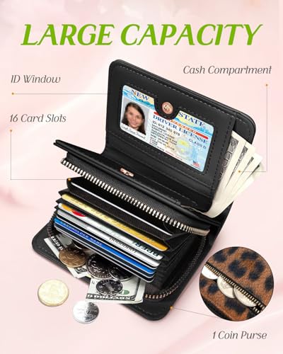 Image of Bistup Leather 12 Slot Accordion Card Holder Wallet, Brown Leopard | Accordion Storage, Zipper Around Closure, Compact Patterned Wallet for IDs, Cards, Cash, Daily Carry and Gifts
