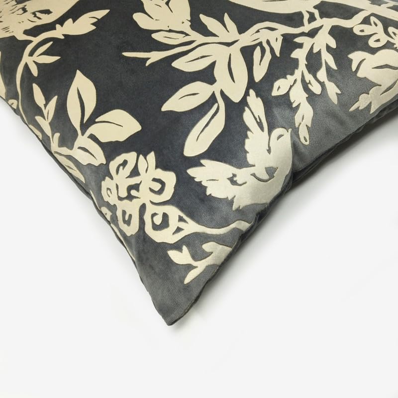 Image of Birds Designer Velvet Cushion Cover | Decorative Cushion Cover | Modern & Trendy | for Sofa Chair Bedroom | Set of 1 (16 x 16 Inch, Grey & Cream)