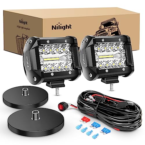 Image of Nilight 2PC 4Inch Triple Row Lights 60W Flood Spot Combo 6000LM Bar Driving Boat Led Off Road Trucks with 2PC Magnetic Base LED Light Bar Mounting Brackets Switch Wiring Harness Kit, 2 Years Warranty