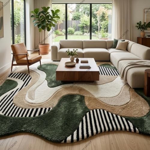 Image of SWEET HOMES Rug for Living Room, Checkered Area Carpets | Soft & Fluffy Irregular Carpet Anti-Skid Backing, 4 x 6 Feet (122 x 183 cm), Green Multi