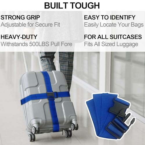 Image of Luggage Strap and Tag Set (4 Pack 2 Tags 2 Climbing Buckles) Keeps Cargo Safe with Adjustable Travel Packing Strap with A Packing Width of 2 Inches and A Length of 86.6 Inches (Blue)