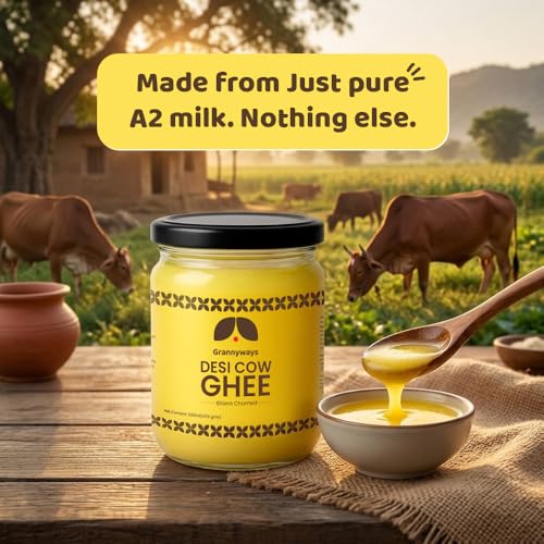 Image of Grannyways Premium A2 Cow Ghee - 500ml Danedar Desi Ghee | Extract from A2 Cow Milk | Bilona Method | Hand Churned | Traditional, Pure & Aromatic | Farm-Fresh in Glass Jar Packaging | Keto & Paleo Friendly