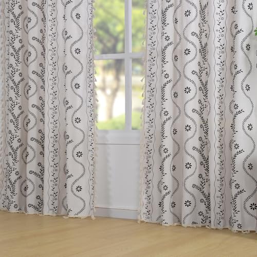 Image of Schweek Boho Tassels Curtains for Living Room 84 Inches Long 2 Panels Ivory | Linen Semi Sheer, Vintage Floral Printed Patterned, Rustic Farmhouse Curtain Drapes for Bedroom, Dining Room, Office 52 inchx 84 inch