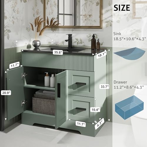 Image of eclife 36 inch Bathroom Vanities Sink Combo with Painted Surface, Modern Drawered Cabinet W /Decorative Wave Lines, Undermount Black White Sink, Matte Black Faucet Drain, Gray Green