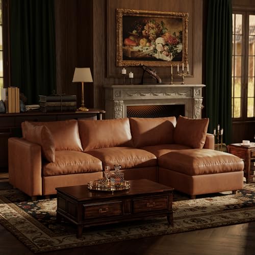 Image of 99'' Faux Leather Modular Sectional Sofa with Storage, Oversized Mid Century Modern Leather Sectional Couche for Living Room, 3 Seater Deep Seat Couch with Storage Ottoman, L-Shaped, Camel