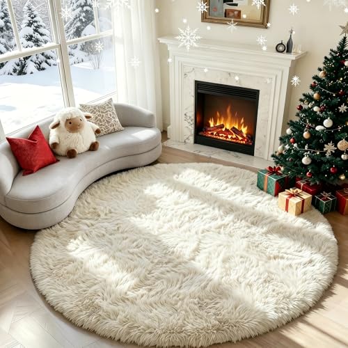 Image of PAGISOFE Cream White Round Rugs 5Ft, Fluffy Shaggy Ivory Carpets, Rugs for Girls Boys Baby Kids Bedroom, Indoor Furry Comfy Teepee Mats, Circular Rug for Reading Area Nursery Room Decor Aesthetic