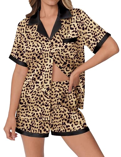 Ekouaer Womens Silk Satin Pajama Set Short Sleeve PJs 2 Piece Button Down Top and Shorts Notch Collar Sleepwear Sets Soft Pjs