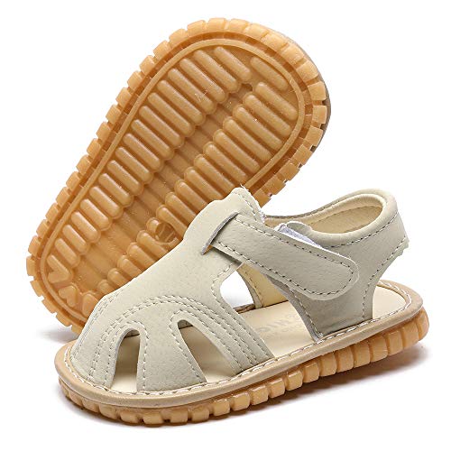 LAFEGEN Baby Boy Girl Squeaky Summer Sandals Non Slip Soft Sole Closed Toe Infant Toddler First Walker Crib Shoes, Baby Sandal 4 Toddler, 02 White