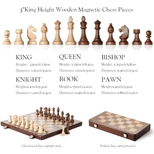 A&A 15" Magnetic Wooden Chess Set, Handmade 3" King Height Unique Chess Pieces with 2 Extra Queens, Tournament Portable Travel Chess Game Set for Adults Kids - image 5