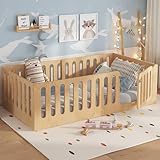 Bellemave Twin Size Montessori Floor Bed with High Fence and Door, Natural