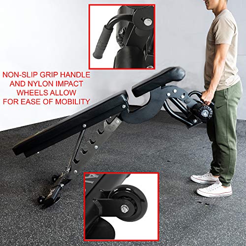 Valor Fitness DD-40 Heavy Duty Adjustable Weight Bench with Nylon Wheels – 7 Positions Including Flat, Incline, and Decline Bench Press