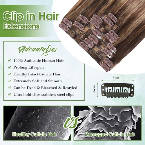 Image of Clip in Hair Extensions Real Human Hair Balayage 14inch Chocolate Brown and Honey Blonde Human Hair Clip in Extensions 100% Human Hair Highlight Seamless Clip ins Extension for Women 8pcs Double Weft