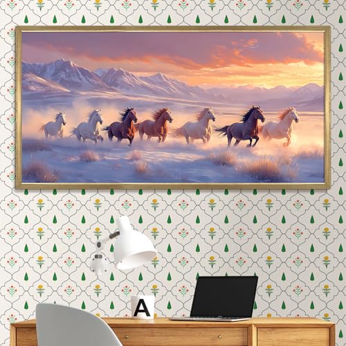 Image of PAPER PLANE DESIGN Seven Running Horses HD Canvas Print Wall Art - Premium Vastu Golden Box Frame With Acrylic - Elegant Home & Office Decor - Size: 2 x 4 Feet. (C)