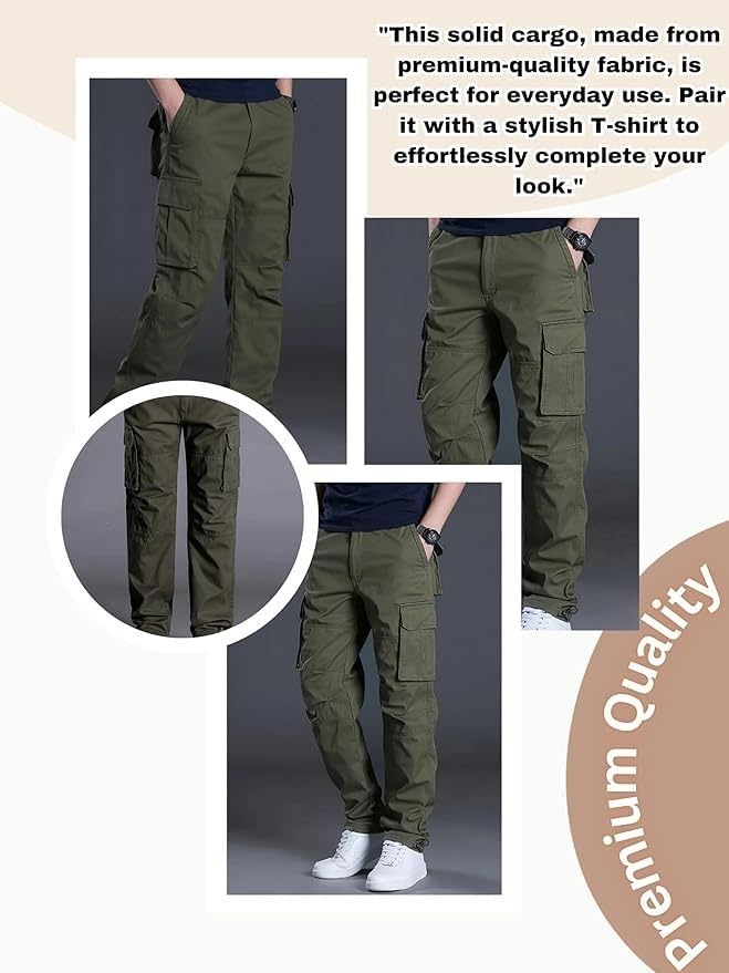 Image of DBAX Men's Olive Green Utility Cargo Pants | Multi Pocket Relaxed Fit Cargo Trousers | Durable Casual Streetwear Pants for Men