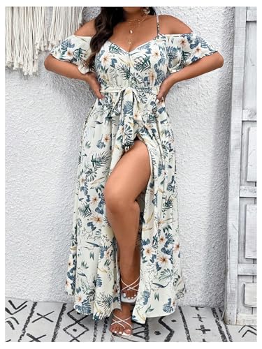 Image of Floerns Women's Plus Size Cold Shoulder Short Sleeve Split Thigh Long Dress