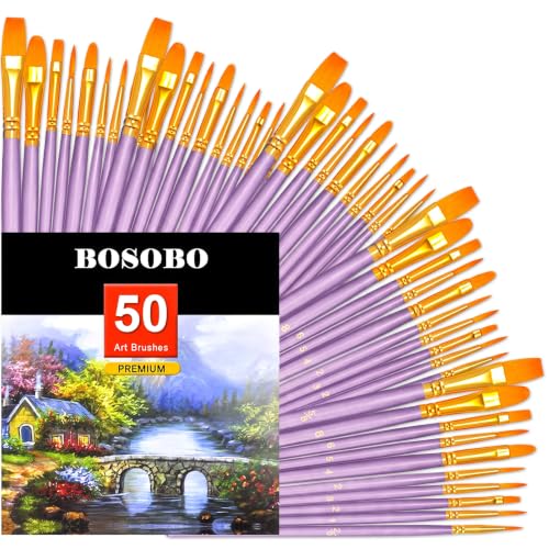 Image of BOSOBO Assorted Nylon Acrylic Artist Paint Brushes Set,Purple,50 Pcs