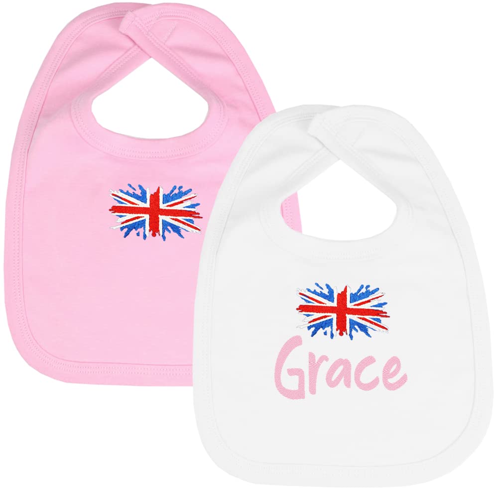 Teddyt's Pink & White Personalised Baby Union Jack Flag Embroidered Cotton Bib Set (Pink & White)