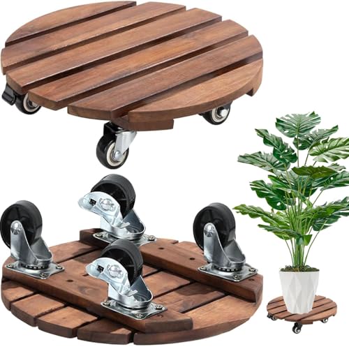 Duscdesp 2 Stück Pflanzenroller Rund 30cm Blumenroller, Holz Rollbrett Pflanzen mit 360° Feststellbare Räder Schwerlastbereich Blumentopf Untersetzer mit Rollen Indoor Outdoor Wetterfest (Dunkelbraun)