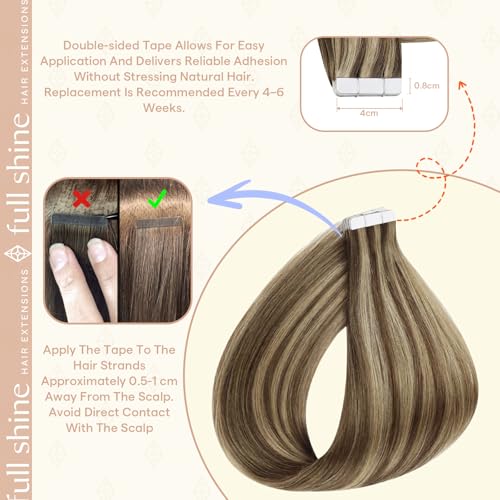 Image of Full Shine Human Hair Extensions Tape in, Brown Blonde Mix 12 Inch | 30g 20PCS, Seamless Skin Weft Remy Tape in Hair Extensions Human Hair, Lightweight Natural Daily Volume for Fine Hair