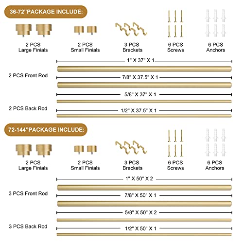 Gold Double Curtain Rods For Windows 36 To 72 Inch(3-6Ft),Adjustable Telescoping Double Curtain Rod With Modern End Cap,1 Inch Diameter Heavy Duty Double Drapery Rod Set 36-72”,Gold #TOP4
