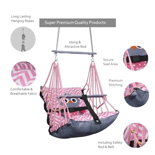 Image of Sprointal Swing for Kids Swing Cotton Baby Children Folding and Washable 1 to 5 Years Swing Gift Jhula with Safety Belt Easy to Carry & Fun Cradle Chair |Home Garden (Pink Night Owl)