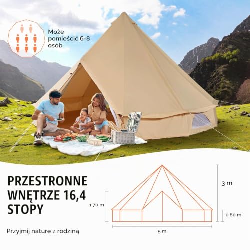 VEVOR Namiot z płótna 5 m namiot jurtowy 4 pory roku, rodzinny namiot kempingowy z otworem na drewno, torby do przechowywania dla maksymalnie 8 osób, grupy na świeżym powietrzu, impreza, polowanie