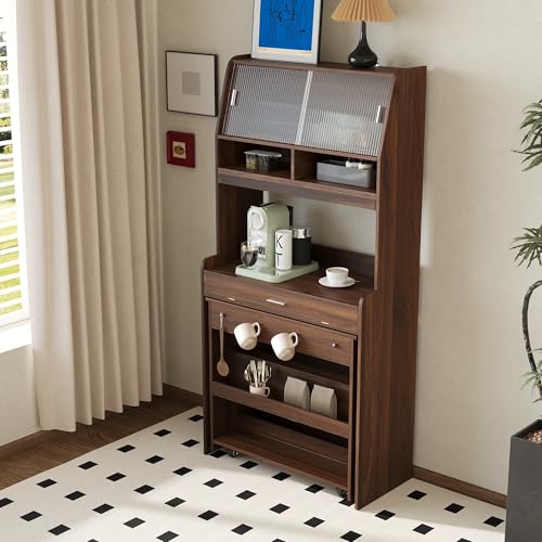 LUMISOL Compact Buffet with Cabinet Hutch and Foldable Dining Table, Multifunctional Cupboard with Storage Shelf and Side Hooks, Foldable Cabinet for Small Places Studio Apartment, Walnut