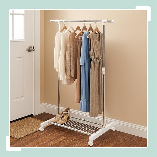 Perchero móvil regulable de acero, burro para ropa extensible con ruedas y balda 3
