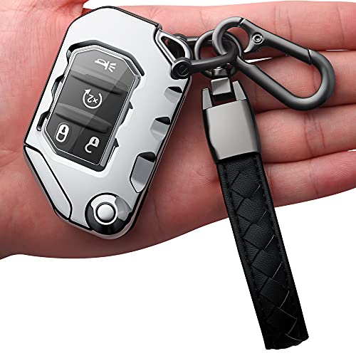 Image of Compatible with Jeep Key Fob Cover With Leather Keychain Soft TPU Protection Key Case for 2018-2026 Wrangler JL JLU Rubicon Wagoneer Gladiator JT Sahara JLU Remote Key (Silver)