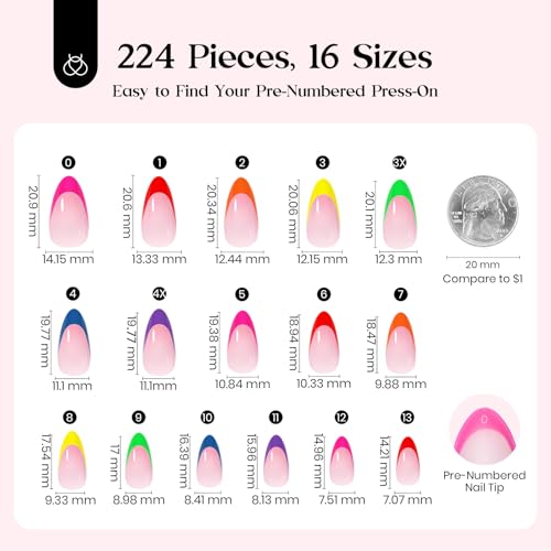 Image of Beetles Summer Press On Nails 224 Pcs 7 Colors, French Tip Nails Short Almond Classic Fake Nail Tips, Rainbow Soft Gel Nails False Nails Art DIY For Women