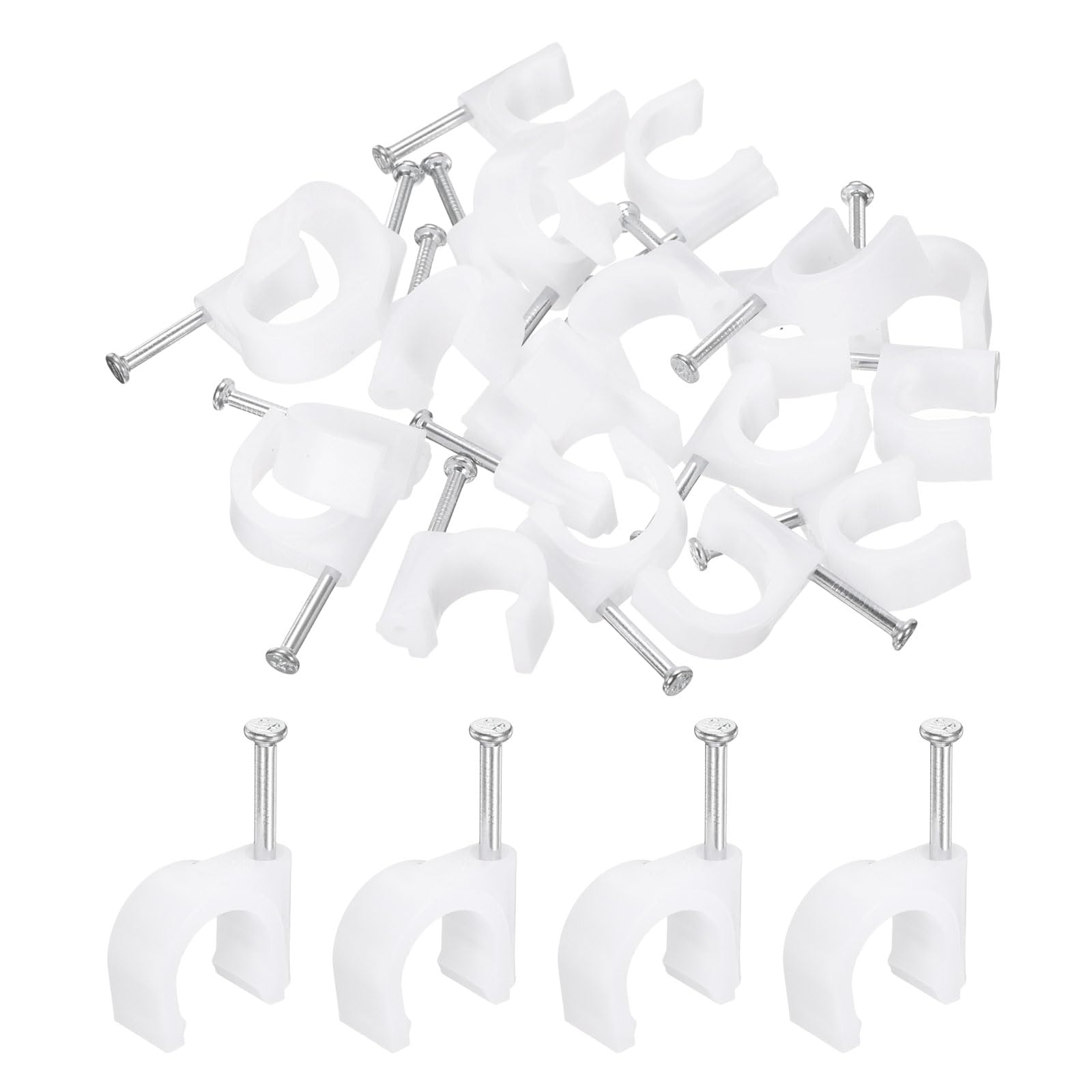 sourcing map 50pcs Cable Clips with Nail 16mm Thicken Circular Single Half Clamp J-Hook with Nail Cord Clips for Wires on Wall for Ethernet Tacks Coax Pex Tubing Pipe Support, White
