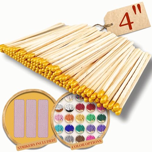 Image of 200 Count | 4 inch Long Gold Tip Matches | Color Safety Match Bundle (4 inches) | Replacement Refill Long for Fireplace & Candles | Wooden Wood Matchsticks