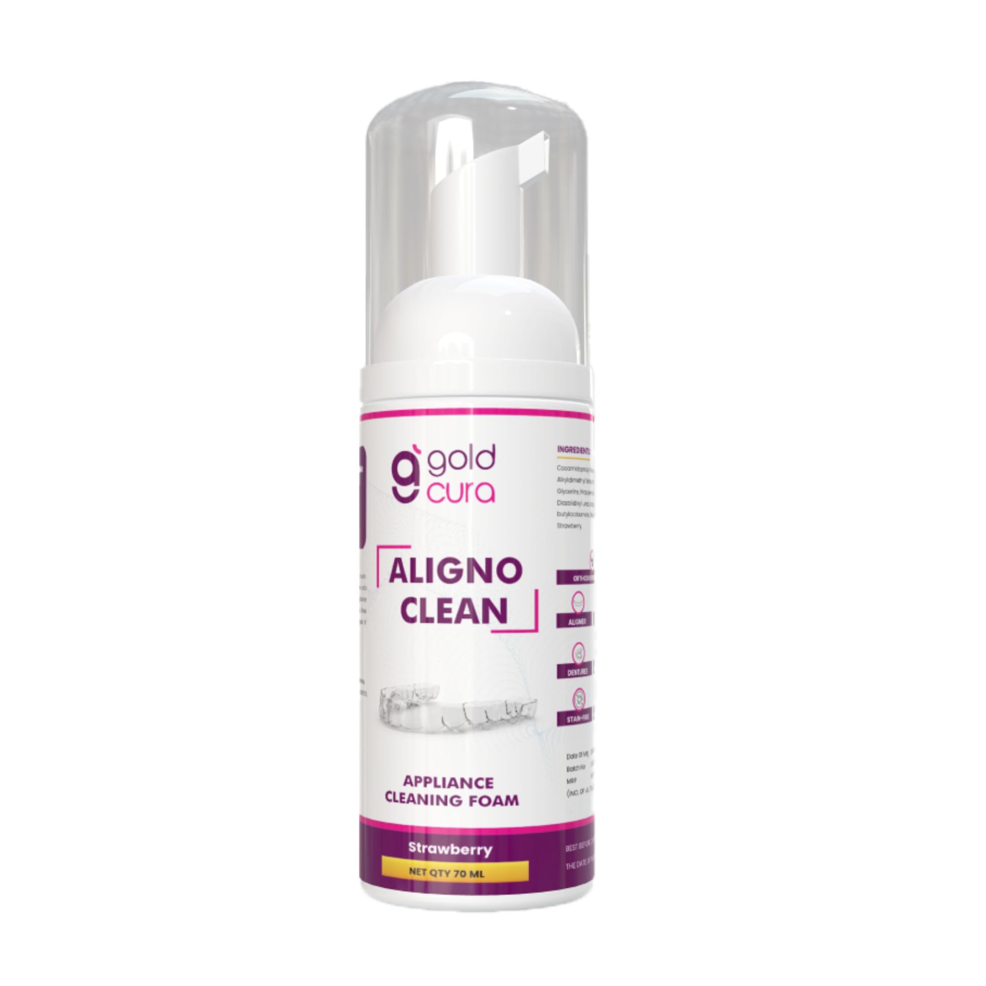 Gold Cura | Aligno Clean | Aligner Cleaner | Retainer Cleaner | Aligner Cleaning Foam | Retainer Cleaning Foam | Strawberry Scent | 45+ Days of Supply | Easy Clean in 30 Seconds | External Use | Pack of 1 | 70ml (B0DH2D7FV5) Amazon Price History, Amazon Price Tracker