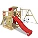 WICKEY Parco giochi in legno Smart Camp Giochi da giardino con altalena e scivolo rosso, Casetta da gioco per l'arrampicata con sabbiera e scala di risalita per bambini