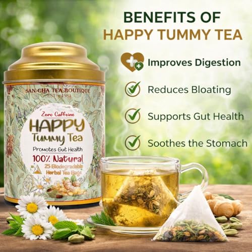 Image of Sancha Tea Boutique, Happy Tummy Tea, Caffeine Free Herbal Tisane, 25 Pyramid Bags, Digestive Drink, Tummy Detox