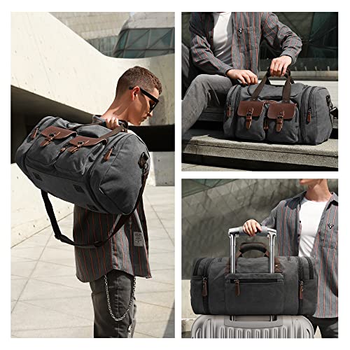 Image of Wildroad 60L Travel Duffel Bag, Expandable Canvas Genuine Leather Duffle Bag Upgraded Overnight Weekender Bag Carry on Bag
