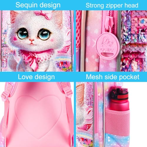 Image of CCJPX 3PCS Cat Backpack for Girls, 16 inch Kids Bookbag and Lunch Box for Elementary School Toddler Kindergarten Preschool