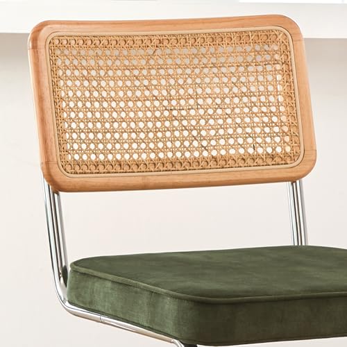 Image of GrandNoor Natural Rattan Bar Stools Set of 2 with Solid Wood Back, 24 Inch Mid Century Modern Counter Height Stools, Green Upholstery Boho Stool for Kitchen Counter with Chrome Metal Legs