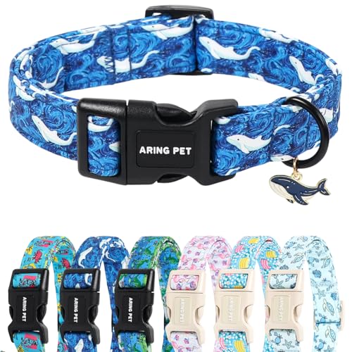 Image of ARING PET Summer Dog Collar, Cute Blue Ocean White Whale Doggy Collars for Puppy Small Medium Large Boy Girl Dogs Pet, for Daily Photos Beach Walking Hiking Picnic-XL