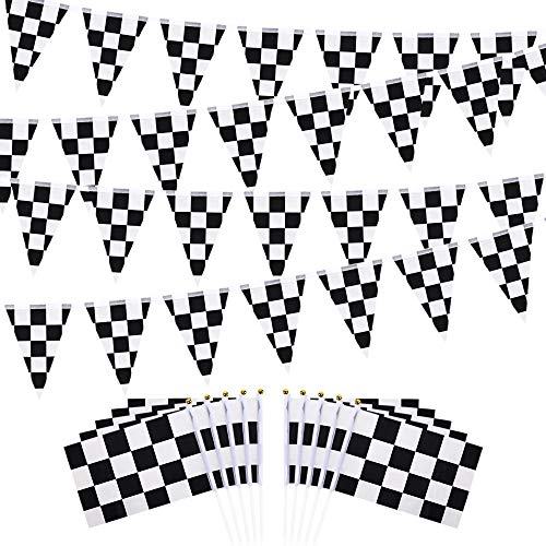 HEHALI 100ft Checkered Black and White Pennant Banner Racing Flags, and 10pcs Checkered Flags with Plastic Stick, 8x5.5 Inch HEHALI 100ft Checkered Black and White Pennant Banner Racing Flags, and 10pcs Checkered Flags with Plastic Stick, 8x5.5 Inch