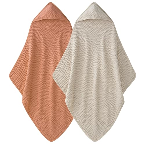 Image of Unnivoll Hooded Baby Towels 100% Muslin Cotton Baby Bath Towels with Hood 2 Pack Baby Towels for Newborn, Infant, Toddler, Kids, Large 32x32Inches, Soft and Absorbent Newborn Essential Caramel