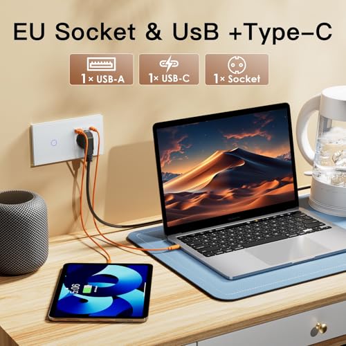 BSEED Touch Lichtschalter mit USB Steckdose Anschluss (Max. 2.1A) Typ C Port 1 Fach 1 Weg Wandschalter mit USB Steckdose Unterputz Lichtschalter mit Glasrahmen Wei&szlig; (Nicht Smart Schalter)