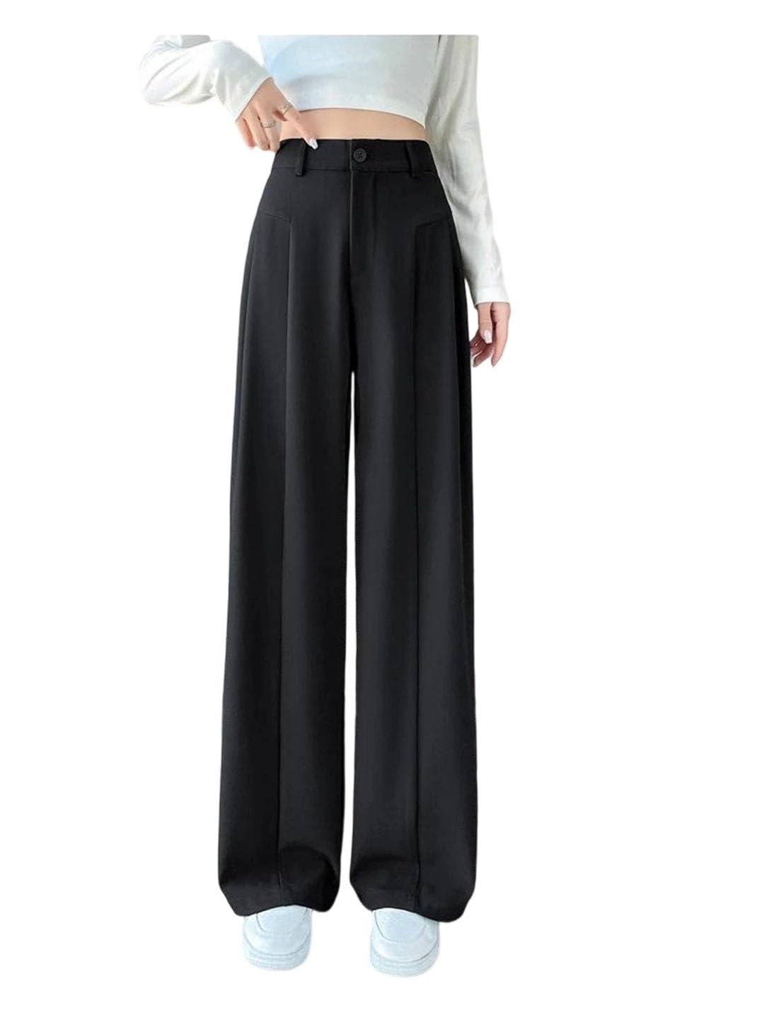 Womens Spring Loose Wide Leg High Waist Solid Elegant Straight Pants
