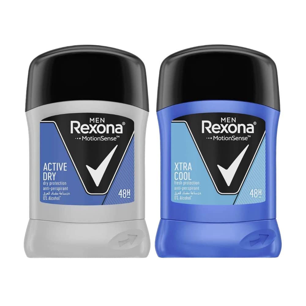 REXONA for Men Antiperspirant Deodorant Stick, 48 Hour Sweat and Odor Protection, Active Dry, 40g + REXONA for Men Antiperspirant Deodorant Stick, 48 Hour Sweat and Odor Protection, Xtra Cool, 40g