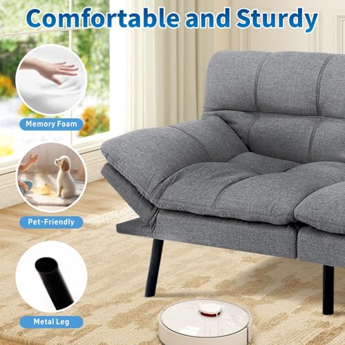 Image of MUUEGM Futon Sofa Bed, 71 inch Convertible Linen Memory Foam Couch Bed, Modern Backrests Armrests Love Seat for Living Room,Apartment,Office,Light Grey Sleeper Couch